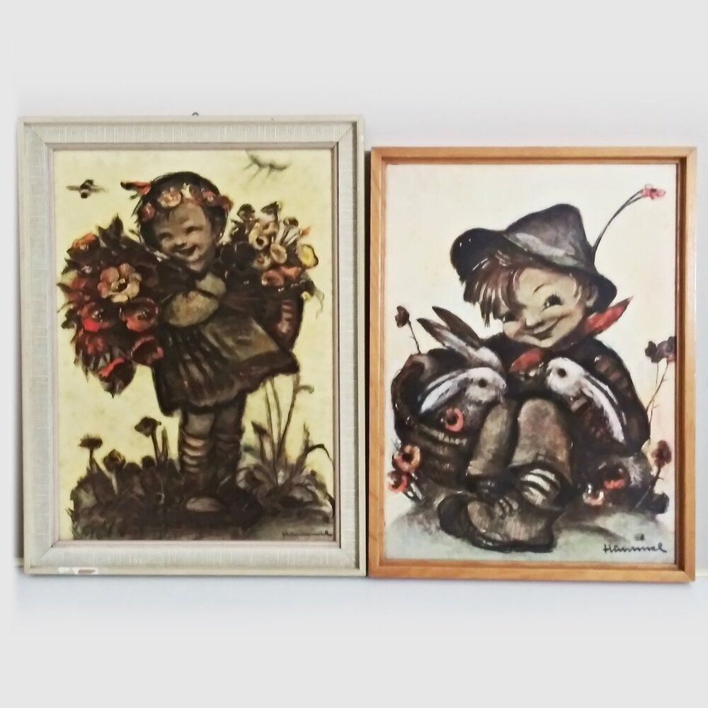 Vintage HUMMEL Framed Prints Children Flowers Rabbits Boy Girl Goebel Set of 2